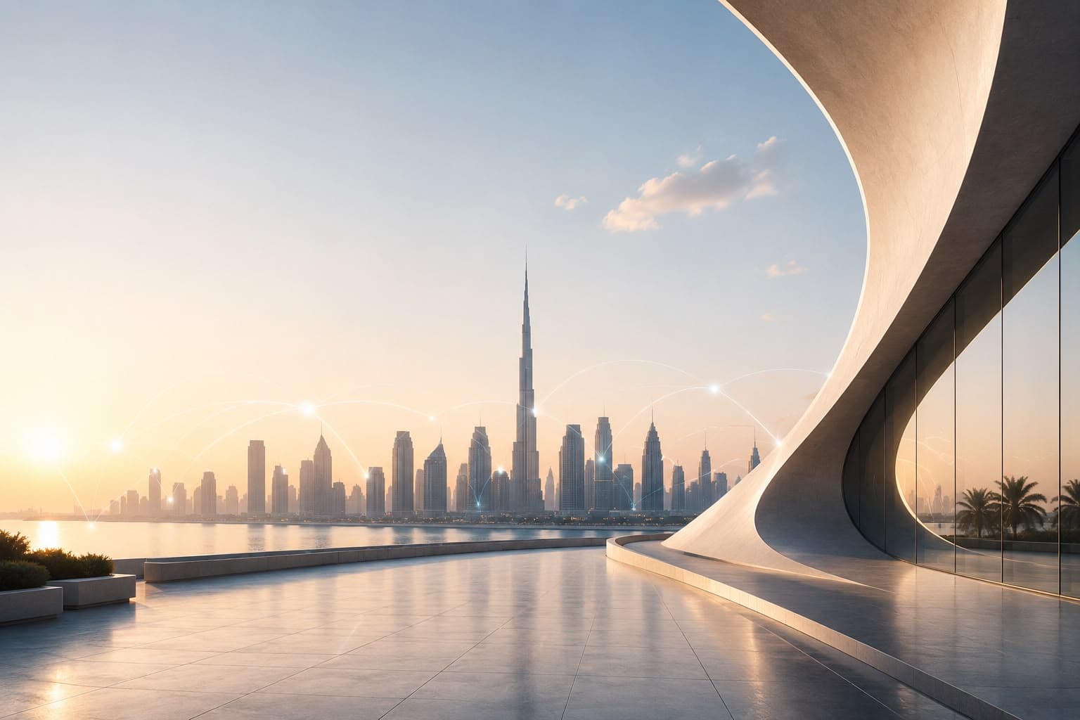 A sweeping curved architectural structure overlooking a sunlit city skyline across the water