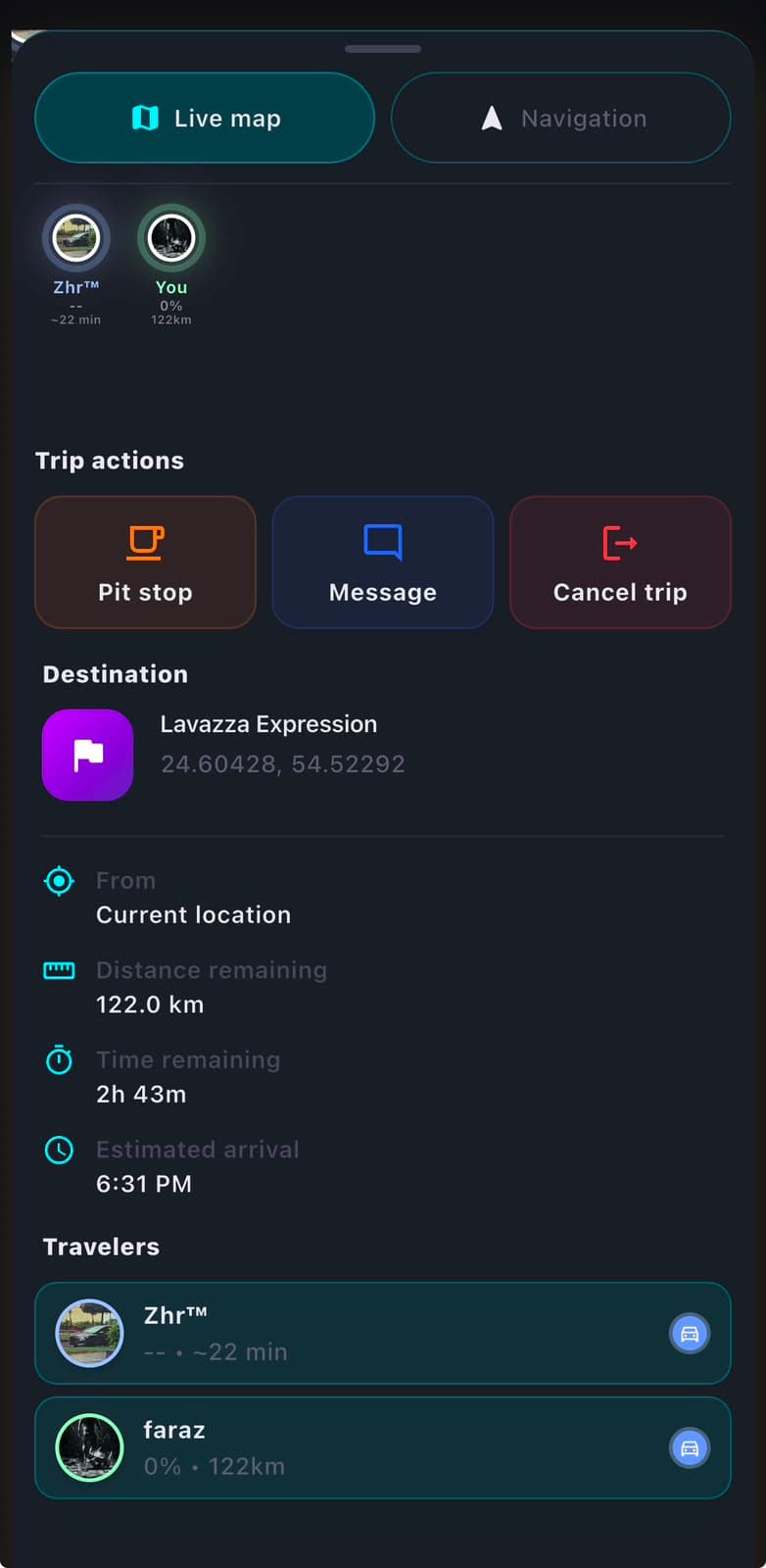 Zyncers live trip screen showing trip actions, destination and traveler progress