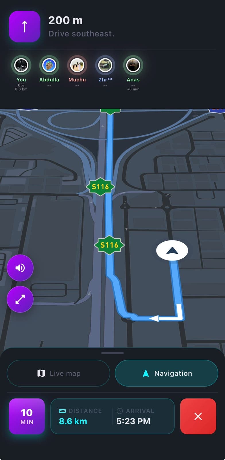 Group Trip live navigation with participant progress and arrival information