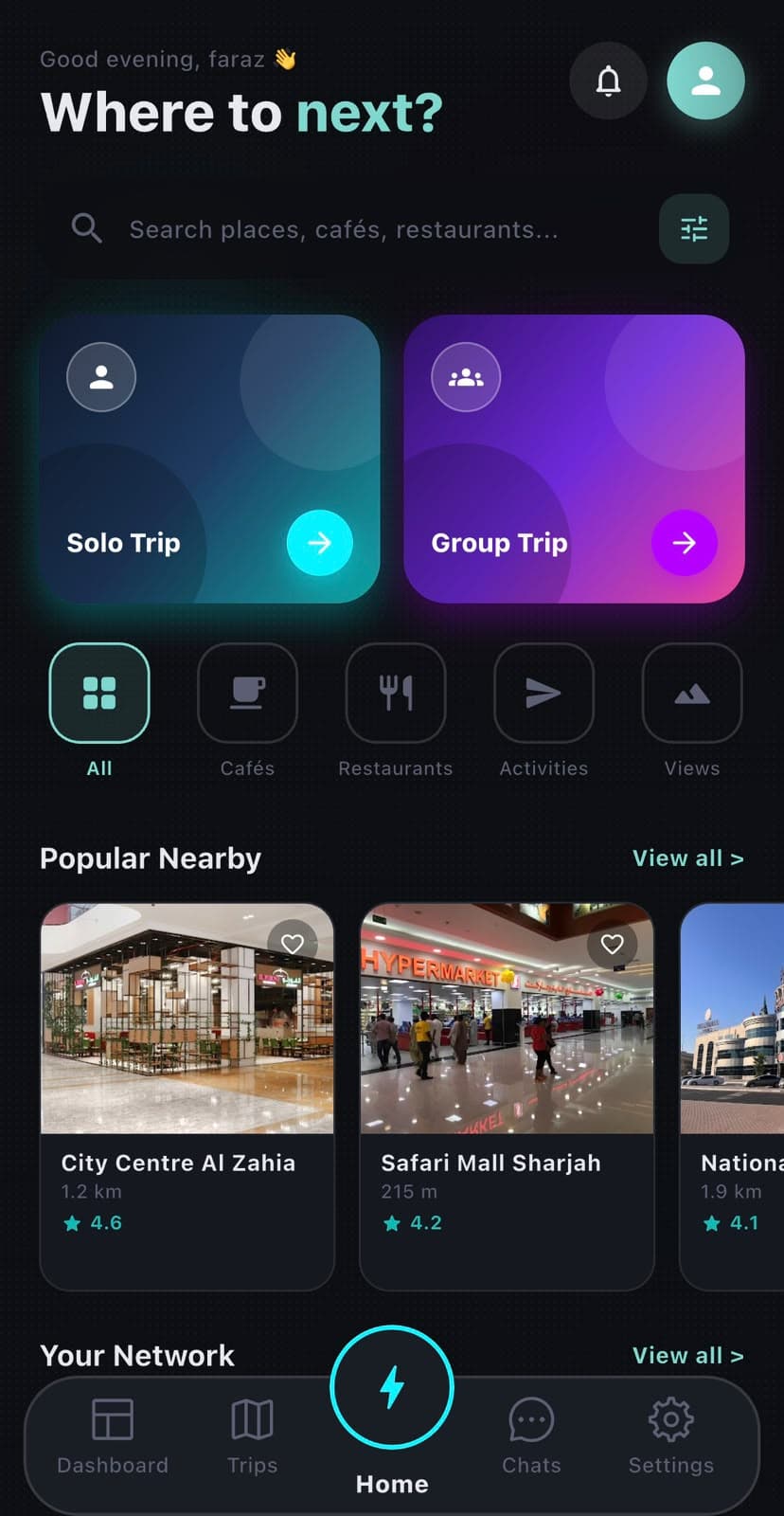 Zyncers home screen with Solo Trip and Group Trip choices and nearby places