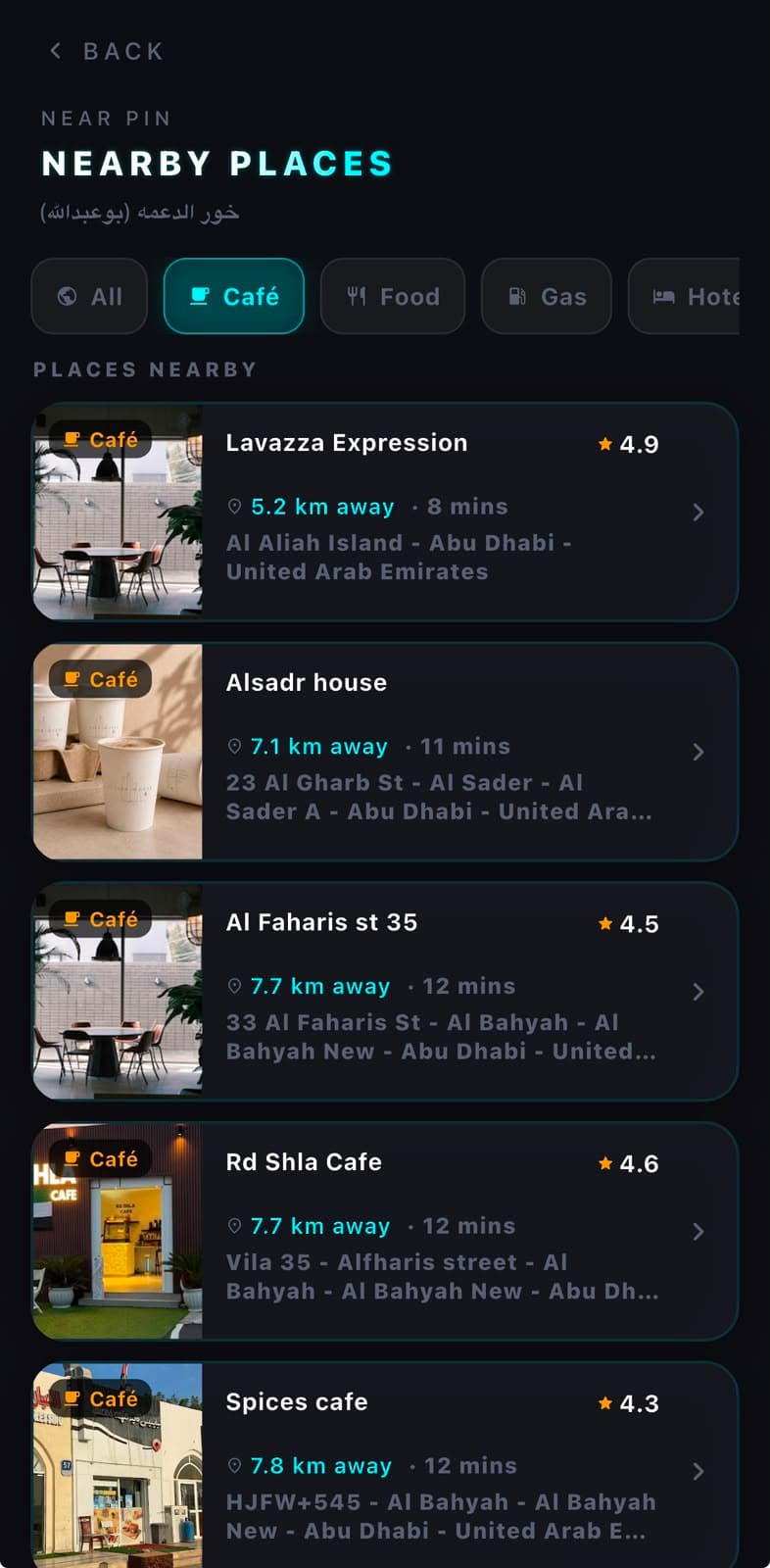 Zyncers nearby places screen listing venues near a selected meeting point