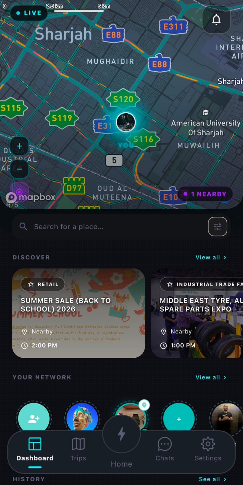 Zyncers dashboard showing the live map, nearby discovery feed and network